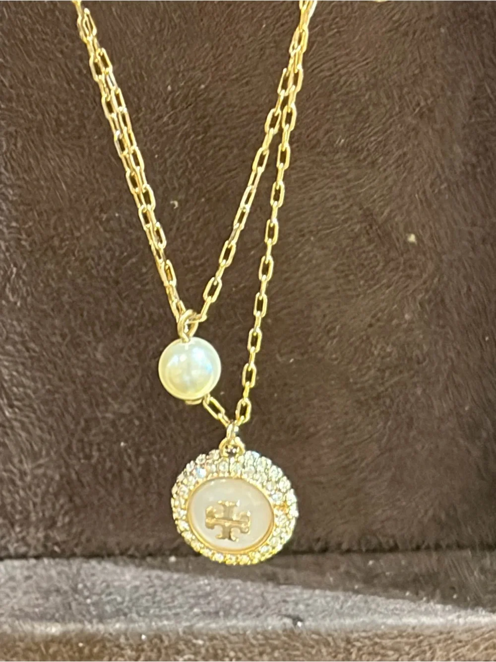 Tory Burch Moondance two layer gold Crystal Logo pearl small Pendant Necklace